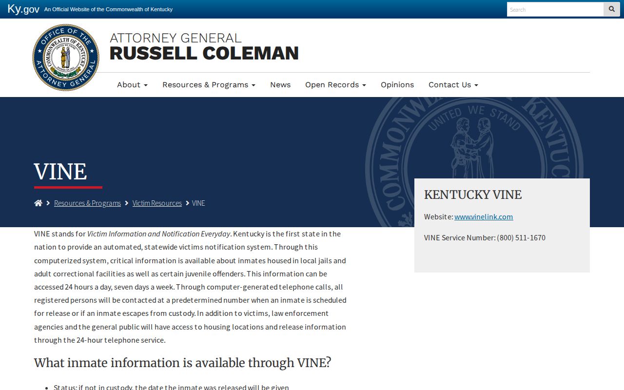 Kentucky VINE Owen County custody record notification page